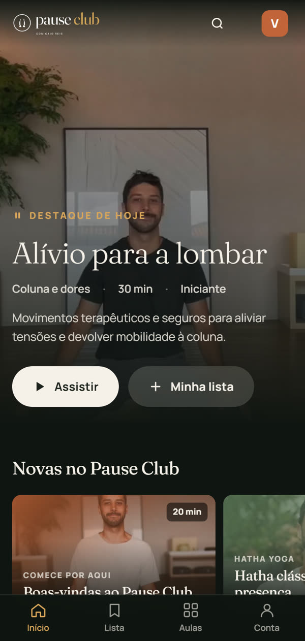 Área de membros do Pause Club no celular
